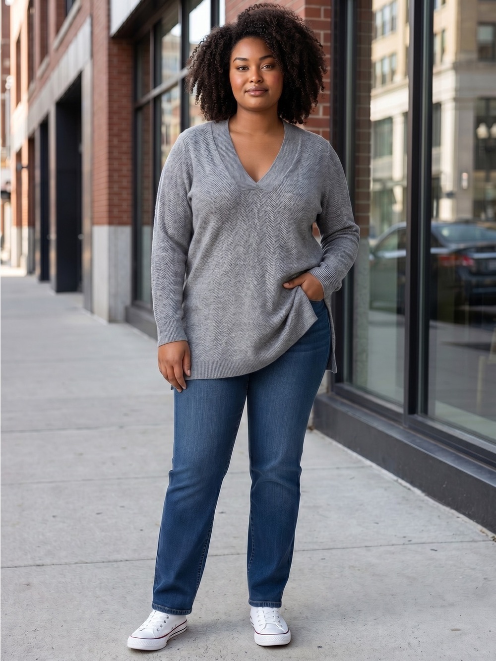 Chico's Soft Gray Herringbone V-Neck Tunic Sweater In Slate Grey Size 4 US XXL
